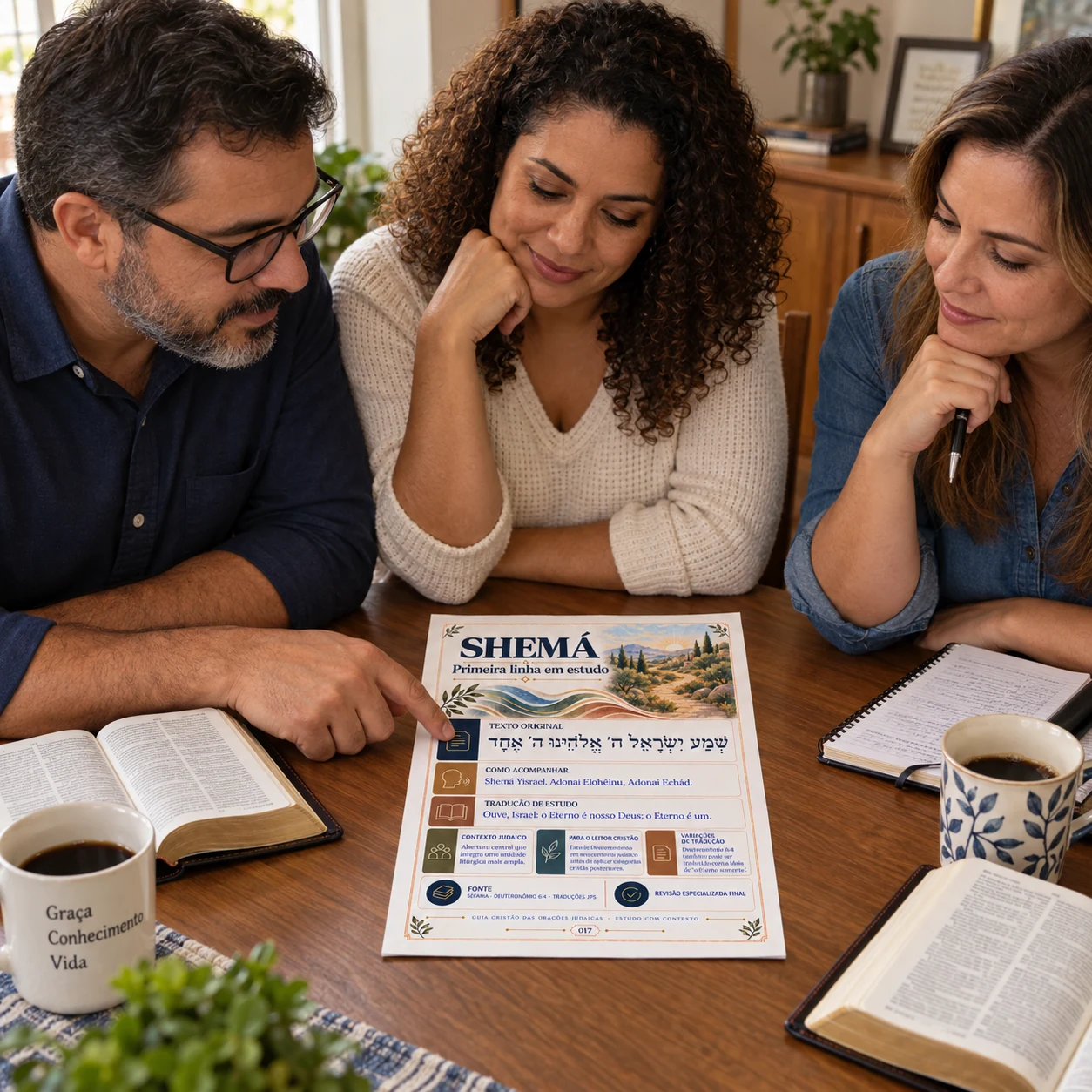 Cena ilustrativa de cristãos estudando juntos a página Shemá do guia