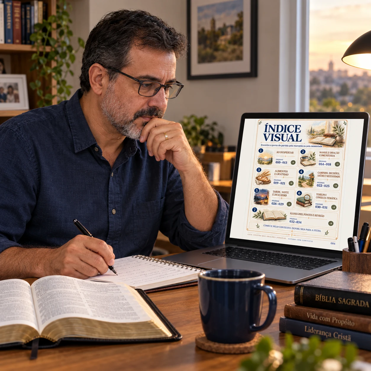 Cena ilustrativa de um líder cristão preparando um estudo com o índice visual do guia